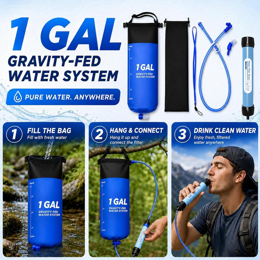 1 Gal Gravity Water Filter Bag - Water Purification Straw ulasan dan harga
